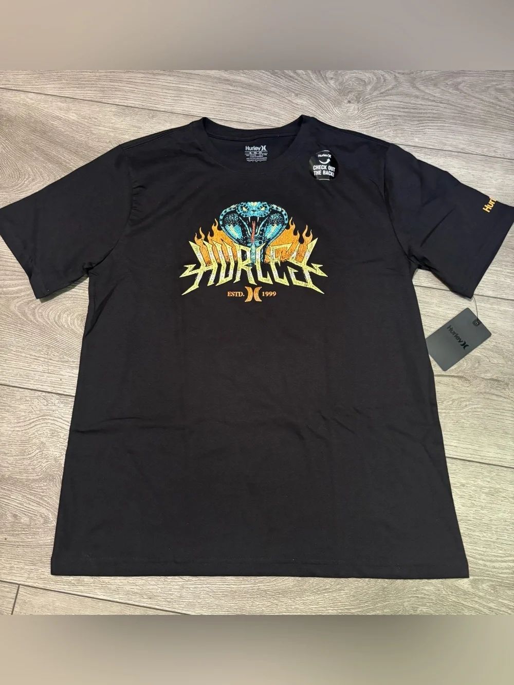 Hurley Black Tee with Blue Cobra and Yellow Flame Graphic